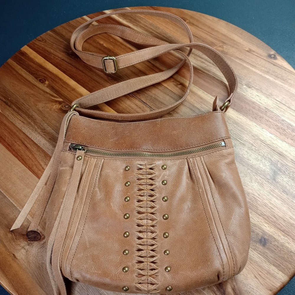 Lucky Brand Leather Crossbody Bag Purse Tassel Studded Stitching Western Cowgirl